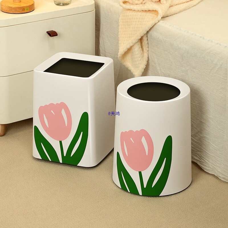 Tulip Trash Can for Home Use with Swing Lid, Round Design for Living Room and Bathroom, Creative Double-Layer Sleeve, Light Luxury with Lid