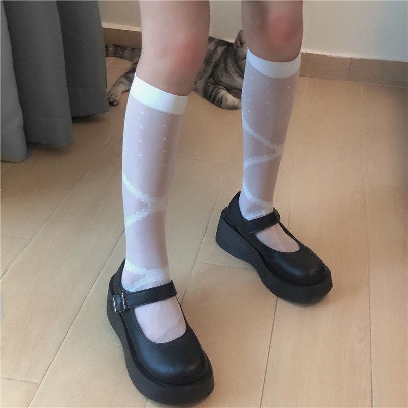 Correas cruzadas con lazo de niña suave, calcetines de tubo medio para niña linda, medias de tubo medio lolita lolita jk japonesas