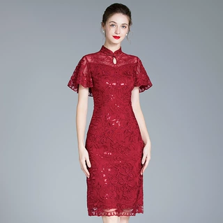 深圳高端裙子中年时尚婆婆妈妈装酒会礼服新款大码红色连衣裙爆款