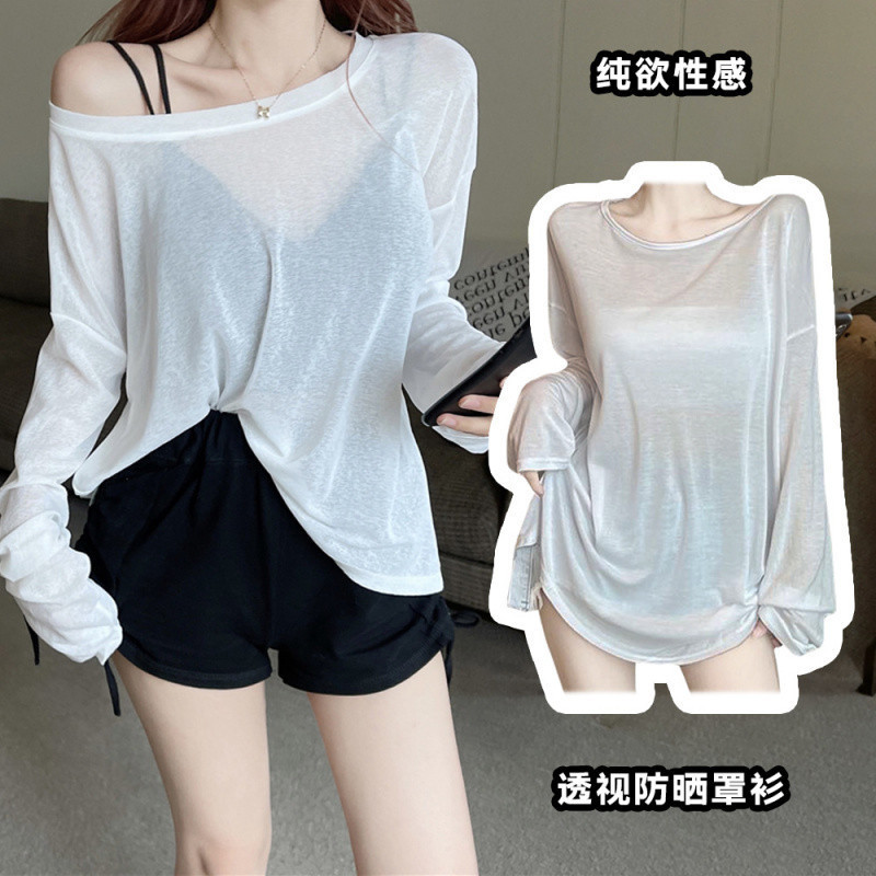 Korean style chiffon long-sleeved slightly sheer pure and sexy loose slimming base layer T-shirt women's summer thin sun protection air conditioning cover-up