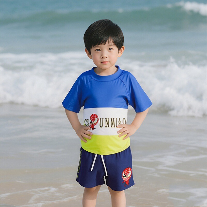 Traje de baño para niños de 2 a 8 años dividido para niños traje de baño de dibujos animados lindo conjunto de dos piezas con gorro de natación traje de baño