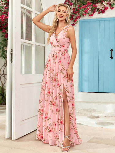 The 24th New European and American Chiffon Long Dress with Double V Neck, Sleeveless A-Skirt Evening Gown, Slit, Elastic Waist, Ballroom Dress