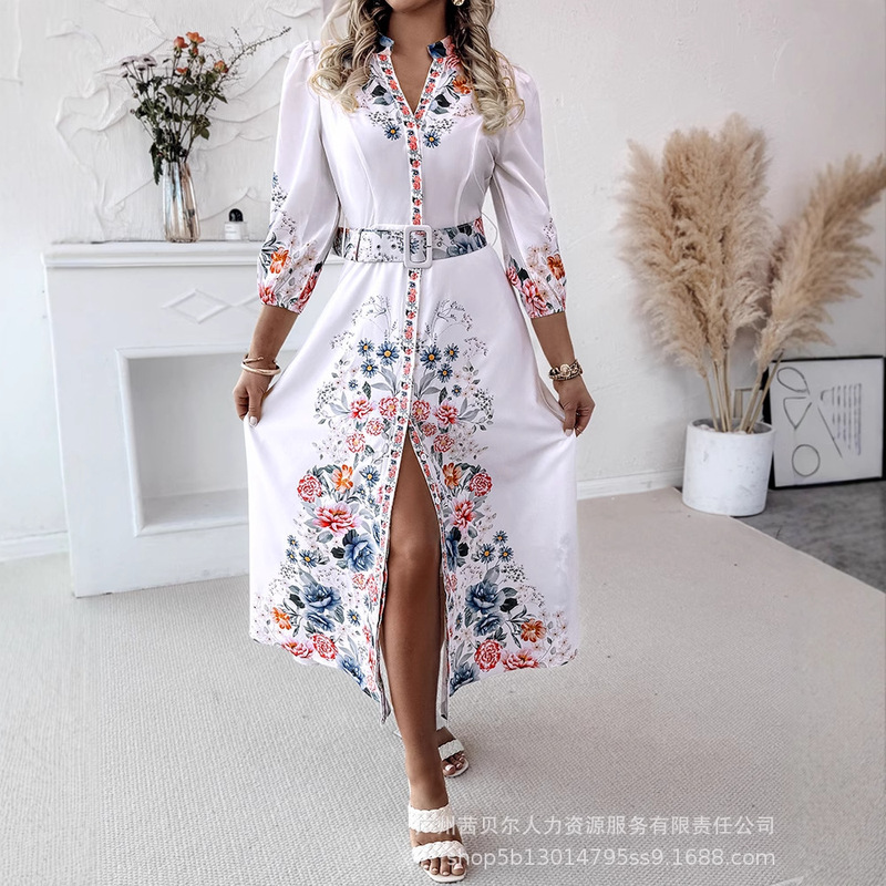LZR19325婦人服欧米新型休暇ポジショニング花七分袖スリムストラップシャツロングスカート|undefined