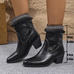 跨境外贸大码皮靴女2025秋冬新款欧美尖头亚马逊粗跟侧拉链马丁靴