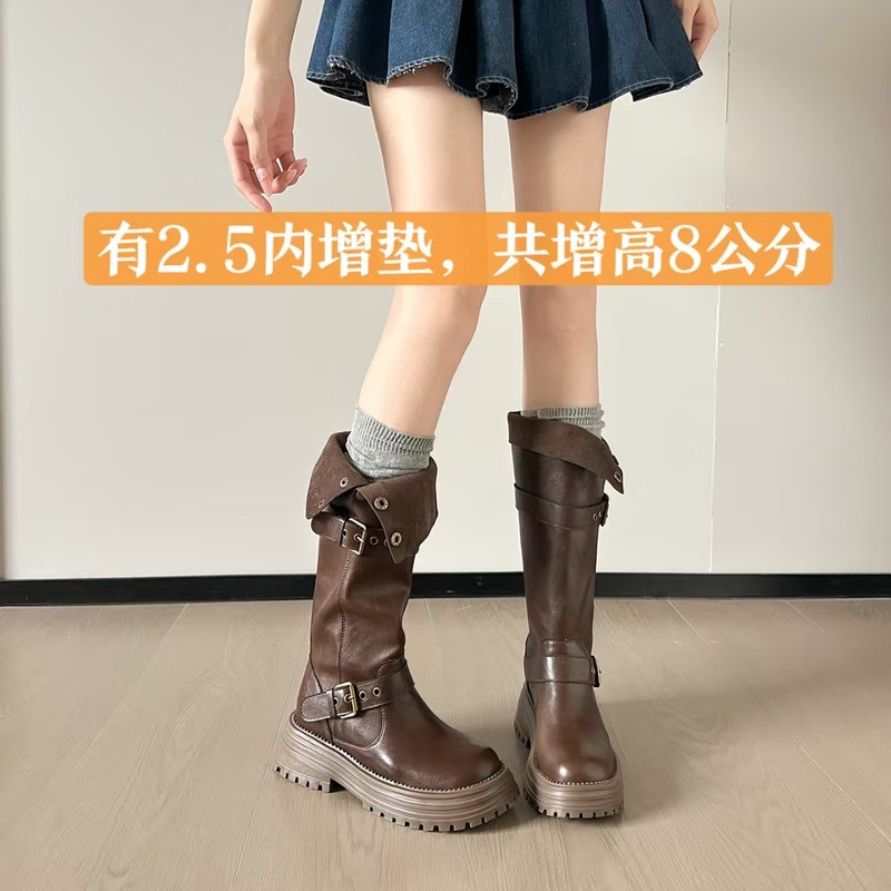 2025秋季增高8公分复古翻折两穿厚底马丁靴女胖MM圆头皮带扣高靴|undefined