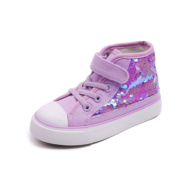 Children's High-Top Canvas Shoes with Sequins, Purple, 2026 Spring and Autumn New Style, Girls' Casual Shoes, Export Children's Sneakers