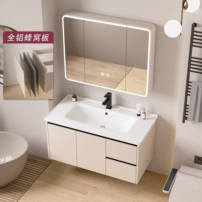 Cream-Colored Aluminum Honeycomb Bathroom Cabinet Set with Integrated Ceramic Washbasin Sink and Vanity
