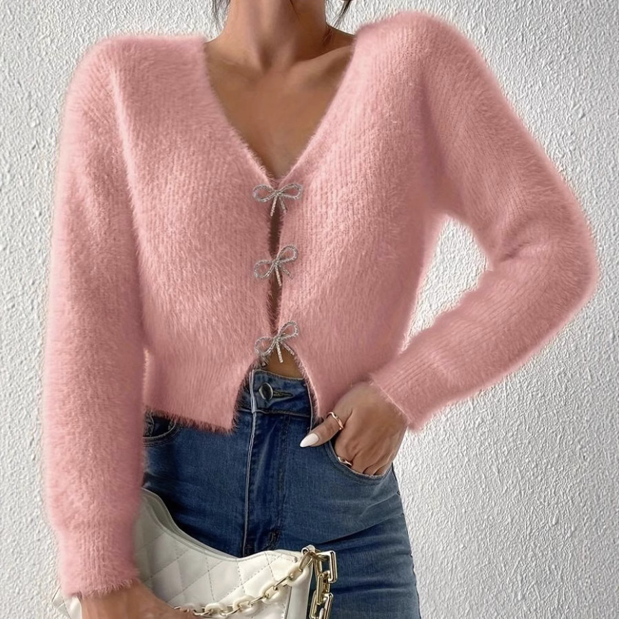 Oversized V-Neck Faux Mink Cardigan – Plush Acrylic Blend With Ribbed Cuffs (S-XL, Winter Pink/Red, Boho Streetwear Essential)​_ecoleips.com