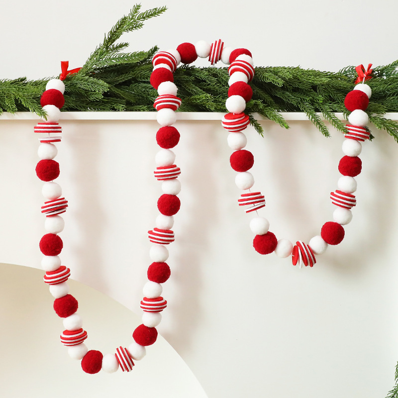 Handgefertigte Filzkugelgirlande – Rot-weiße Pompon-Girlande für Weihnachtsbaum, Kamin und Fensterdekoration (DIY-Weihnachtsdekoration, 3 Meter)_voghion.com