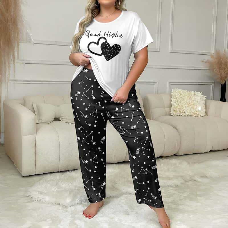 European and American style casual plus-size loungewear, oversized starry sky heart pattern, round neck, short-sleeved, long-pants women's pajama set European and American style casual plus-size loungewear, oversized starry sky heart pattern, round neck, short-sleeved, long-pants women's pajama set