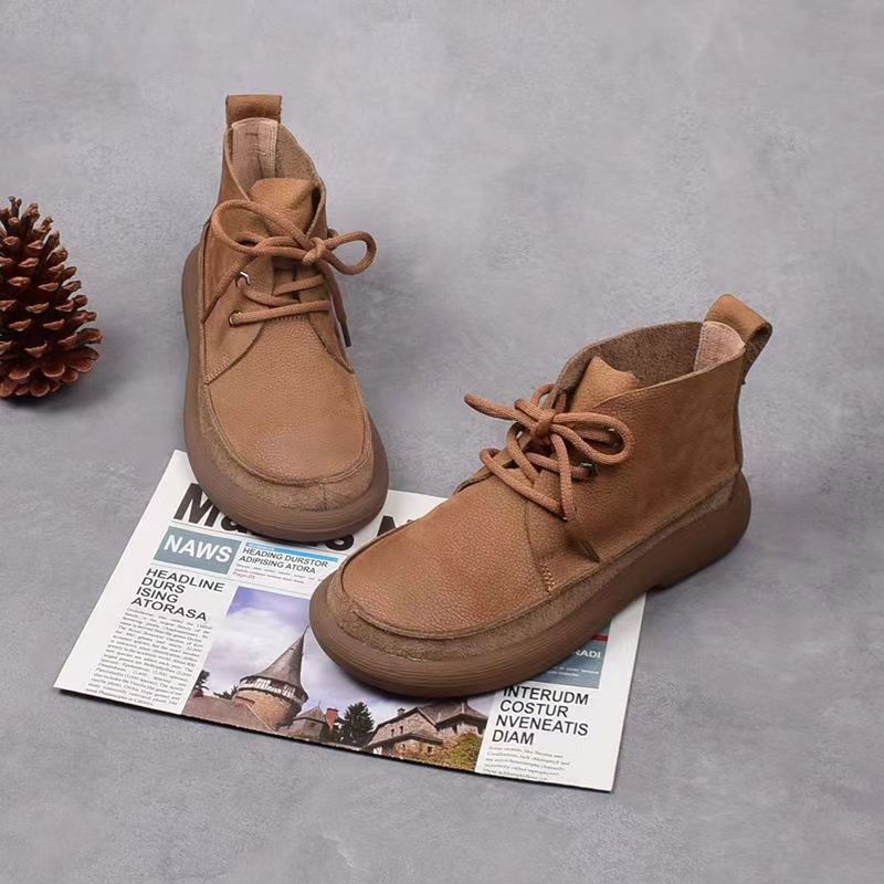新款加绒真皮短靴 厚底系带手工复古皮靴保暖棉靴