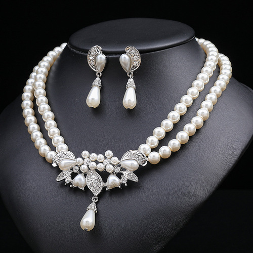 European and American jewelry wholesale, double-layered pearl necklace and earrings two-piece set, bridal dress accessories jewelry set
