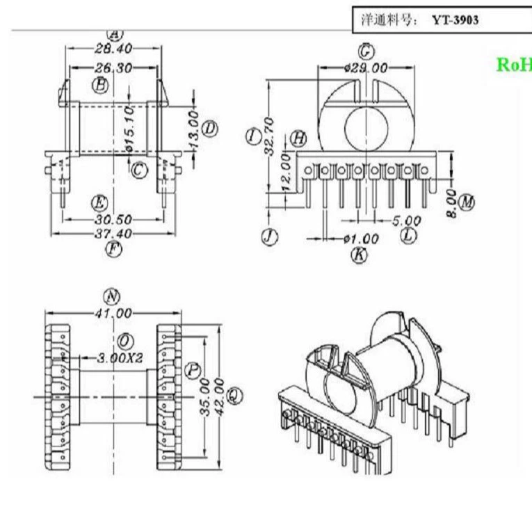 ER39 Бакелитовый каркас трансформатора Каркас силового каркаса ER39 горизонтальный 8 + 8 YT-3903 Каркас магнитного сердечника