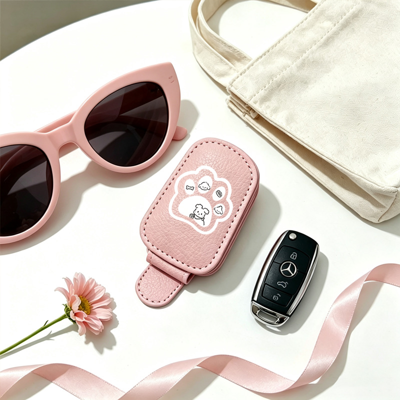 Cross-border bestseller sunglasses holder, creative car sun visor storage, pink paw print puppy car glasses clip