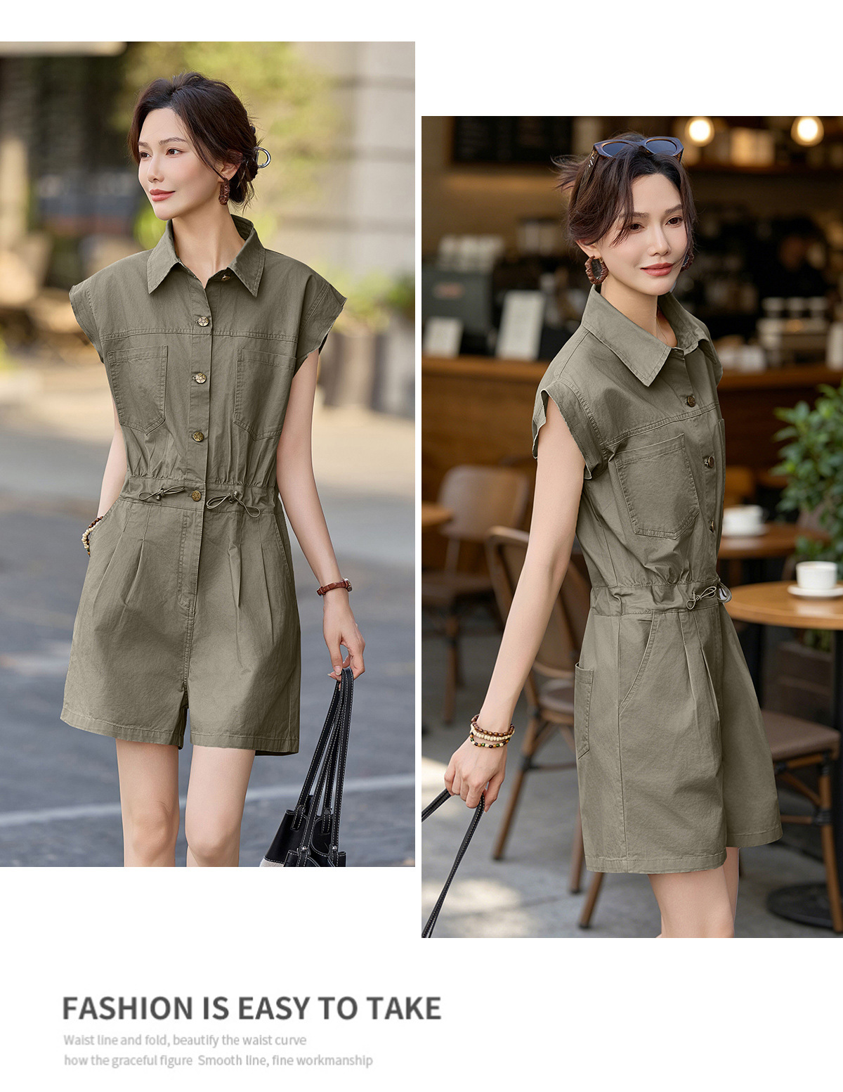 Jumpsuit nữ dáng suông tay ngắn phong cách công sở cổ điển — Quân đội xanh, màu kaki chi tiết 22