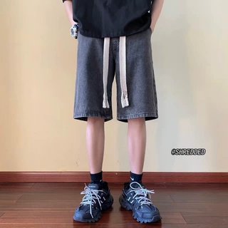 牛仔短裤男夏季港风ins复古编织带薄款宽松休闲学生男士牛仔短裤