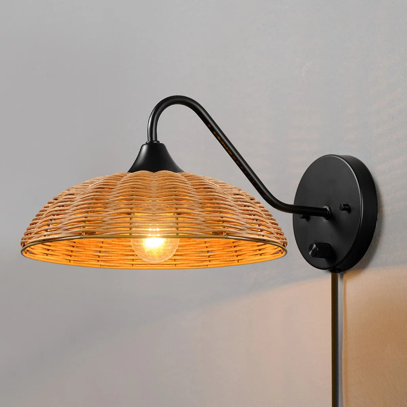 Cross-Border Wayfair Hemp Rope Bamboo Wall Lamp with Plug and Swing Arm, Rattan Wall Lamp Suitable for Bedroom Bedside Lamp and Hallway