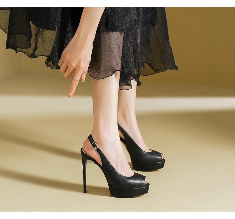 Sandal cao gót nữ mũi nhọn hở mũi, gót siêu cao, đế chống thấm nước — Màu đen chi tiết 8