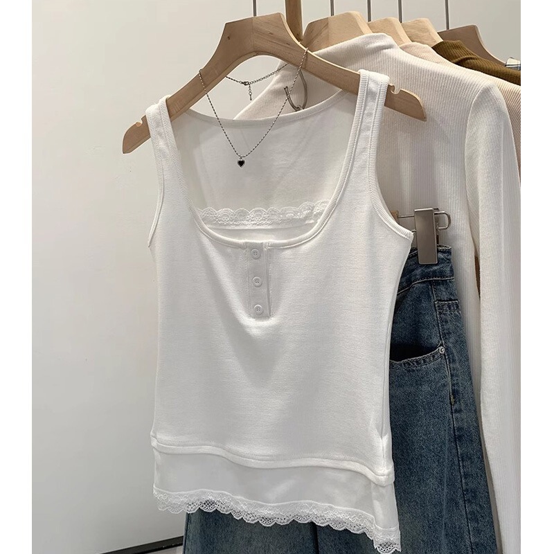 Unique and Beautiful Lace Contrasting Fake Two-Piece Sleeveless Inner Vest for Women's Summer Outer Wear New American Top