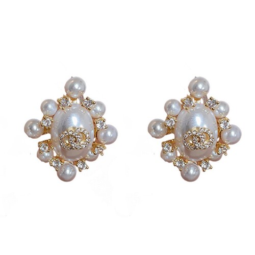 Real gold electroplated silver needle zircon double circle pearl oval earrings fashion retro light luxury temperament earrings new earrings