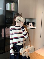 单排扣条纹刺绣针织衫女2025秋季新款韩系高级感显瘦长袖毛衣开衫