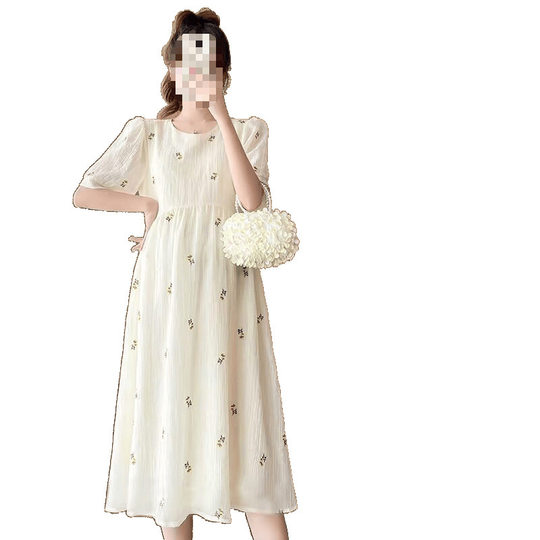 Maternity Wear New Summer Puff Sleeve Dress Summer Short-Sleeved Thin Korean Style Round Neck Slimming Suit for Pregnant Mothers
