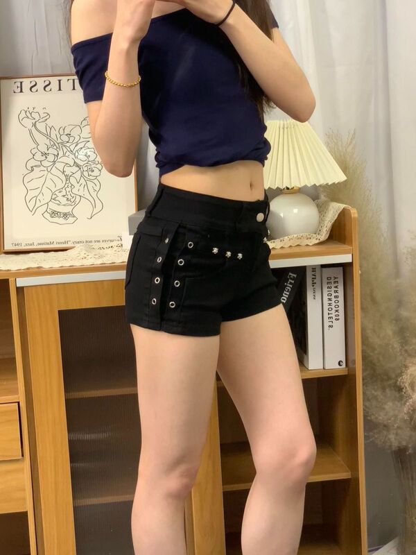 辣妹黑色y2k美式铆钉设计低腰牛仔短裤超短裤夏季显瘦a字新款热裤|undefined