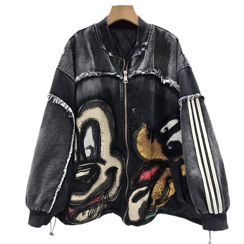 Chaqueta de vaquero de marca de moda, chaqueta de béisbol de algodón de hip hop impresa de dibujos animados de estilo pesado suelta. image 5