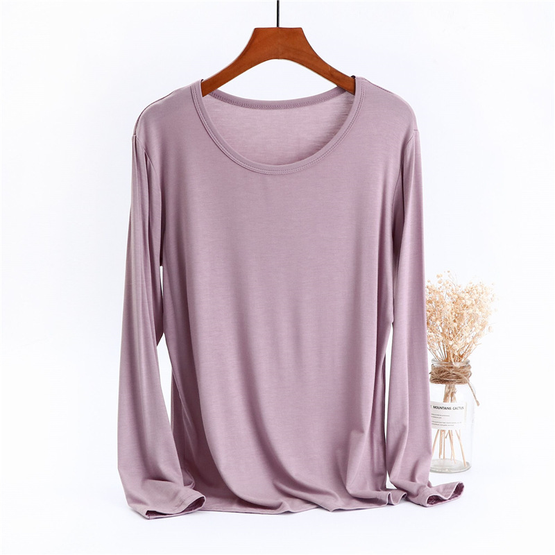 Spring and Autumn Modal Long Sleeve Base Shirt for Women, Round Neck Casual Plus Size Solid Color Top, Loose T-Shirt, Thin Autumn Shirt