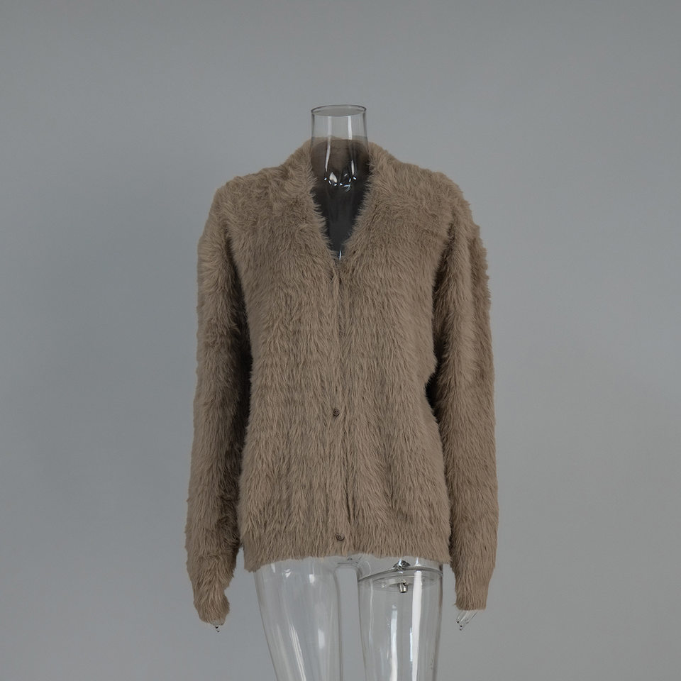 Áo cardigan len dệt kim giả lông chồn cổ V tay dài form rộng nữ — Màu hồng, Màu kaki, Màu trắng, Màu xám nhạt chi tiết 3