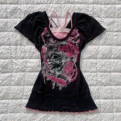 アメリカンレトロホットガールダメージプリント渋谷半袖Tシャツレディースフェイクツーピースサスペンダーウエスト痩身ヴィンテージトップ