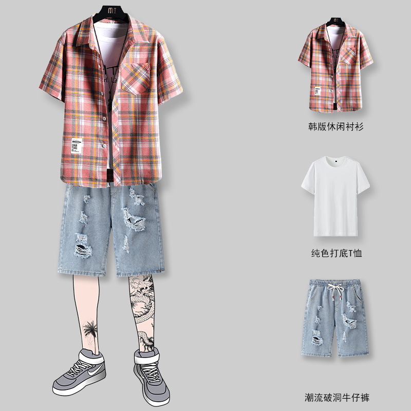 2021日系套装男潮牌夏季新款潮流短袖t恤牛仔短裤休闲衬衫三件套|ms