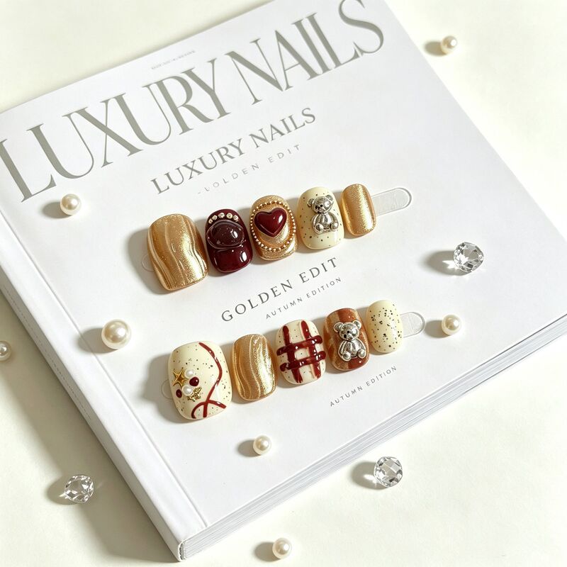 Short, cute, handmade bear-shaped nail art stickers with a heart design, removable and unique