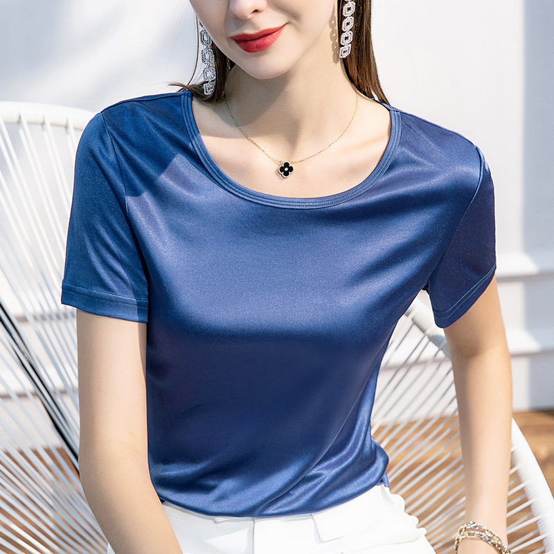 Triacetate Black Technology Summer New T-Shirt Women's Short-Sleeved Loose Draped Anti-Wrinkle Ice Silk Half-Sleeved Silk