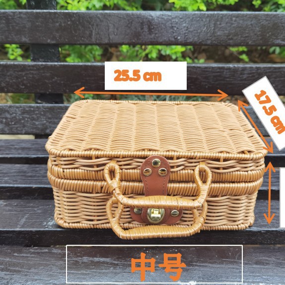 Venta al por mayor nuevo marco de hierro imitación ratán maleta vintage props cosméticos almacenamiento ratán caja mano caja de regalo