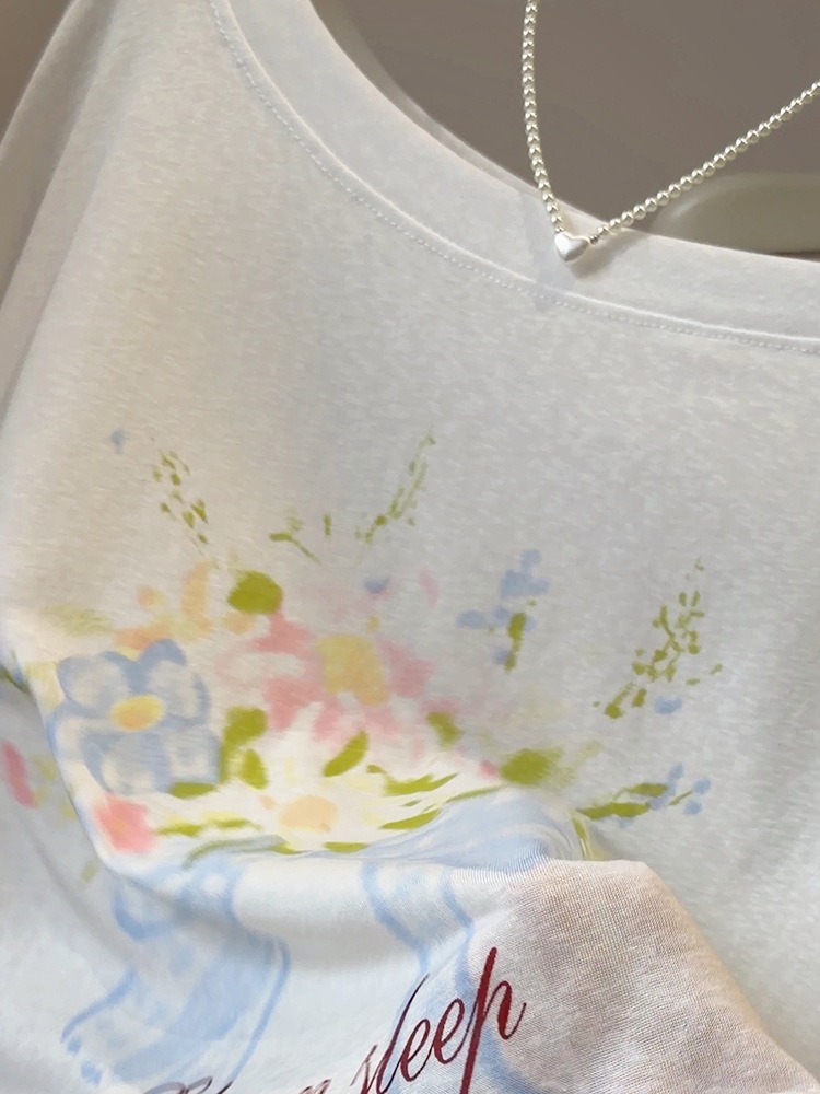 Women's White Off-Shoulder Long Sleeve Sun Protection T-Shirt Summer Loose Fit Drawstring Floral Print Cover-Up Top_ecoleips.com