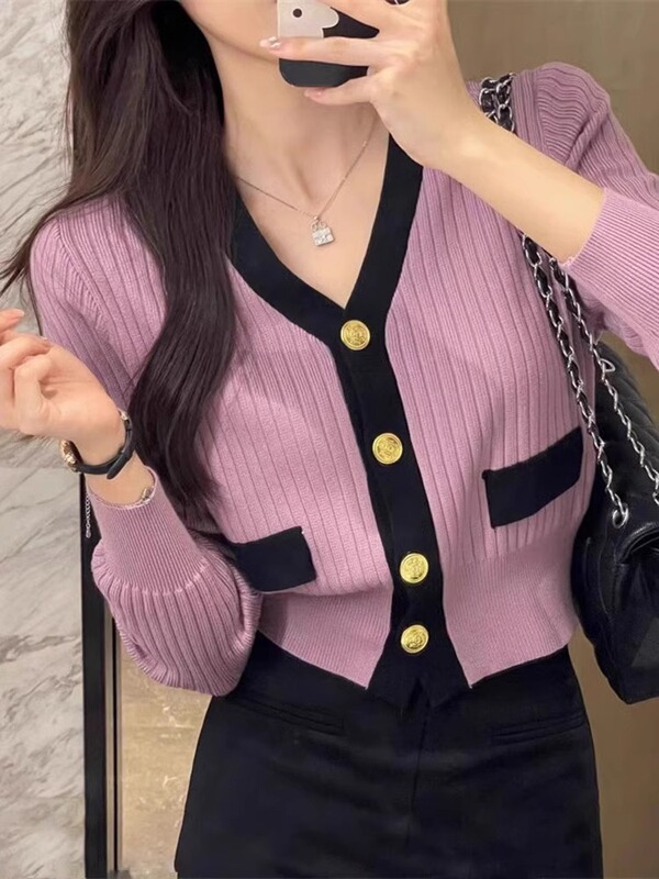 韩范小香风短款V领撞色长袖针织开衫女秋季高级感小个子上衣外套|undefined
