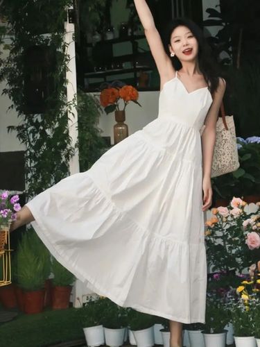 White Strap Dress for Women, Summer, Gentle and Unique Design, Beach Vacation Style, Absolutely Beautiful First Love Long Dress