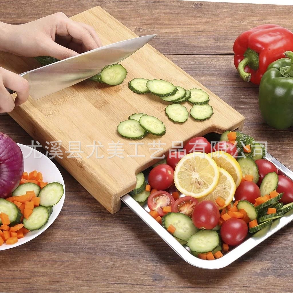 Cocina de bambú extraíble tabla de cortar con bandeja de acero inoxidable tabla de cortar de madera de frutas y verduras tabla de cortar de filete occidental