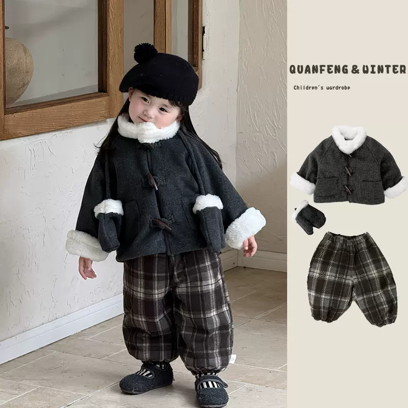 韩系洋气女孩秋冬季套装儿童加绒加厚毛领妮子外套保暖格子束脚裤