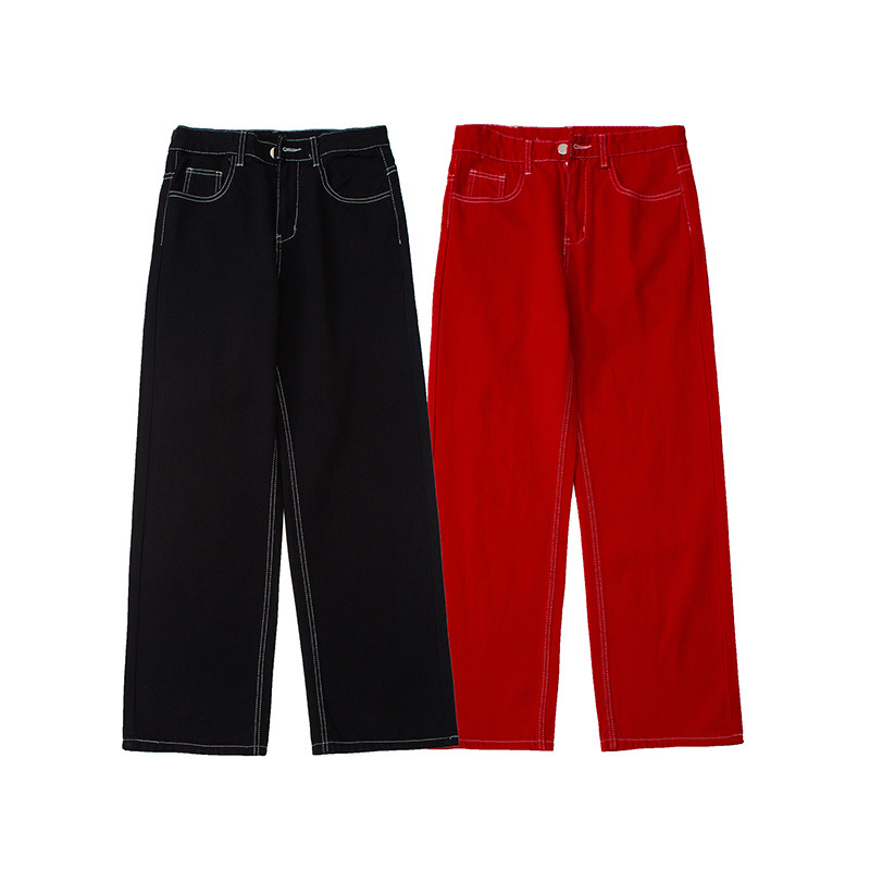 European and American high street flame embroidered pocket design casual jeans men's and women's loose open line straight long pants
