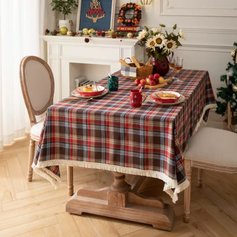 美式复古格子桌布简约高级感餐桌布圣诞节拍照背景布茶几布野餐布
