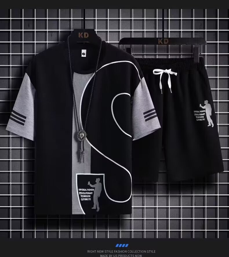 Summer Men's Waffle Two-Piece Set Trendy Fashion Loose Short Sleeve T-Shirt And Shorts Versatile Sports Casual Suit_viptrois.com