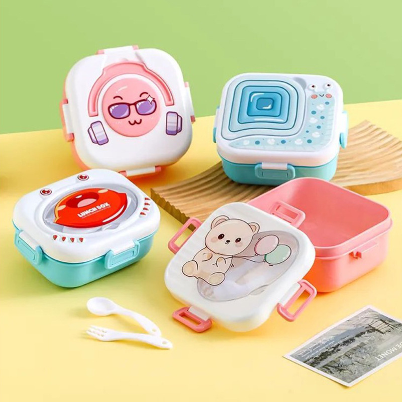Plastic Lunch Box, Food-Grade Crisper, Can Be Heated in the Microwave, Student Party Cute Cartoon Lunch Box with Cutlery
