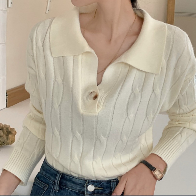 Nuevo suéter de viento perezoso con solapa coreana suelta estilo extranjero torcido chaqueta de moda camiseta de punto de mujer image 2