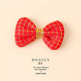 diy蝴蝶结配饰 过年喜庆红色格子蝴蝶结布艺手工配件 金格包腰结