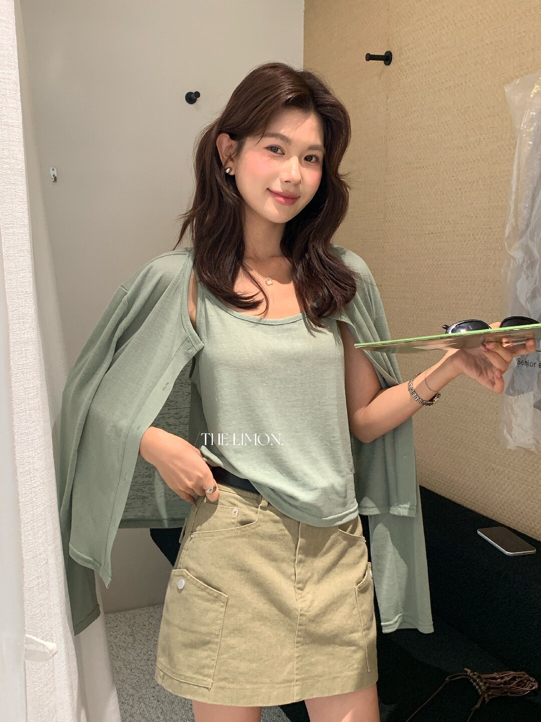 Bộ cardigan len mỏng kèm áo hai dây hai mảnh nữ mùa hè — Xám cacbon, xanh lam, màu hồng, Đậu xanh chi tiết 100