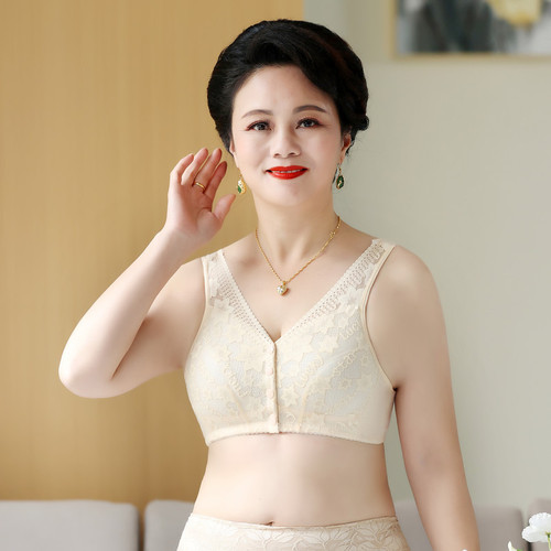 New front-button bra for middle-aged and elderly women, lace, wide shoulder straps, vest-style large size bra without wires