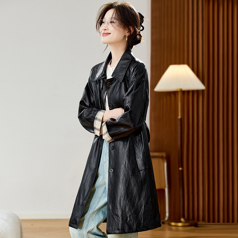 2025 New European Version of This Year's Popular and Good-Looking Outwear Mid-Length Black Artificial Pu Leather Windbreaker