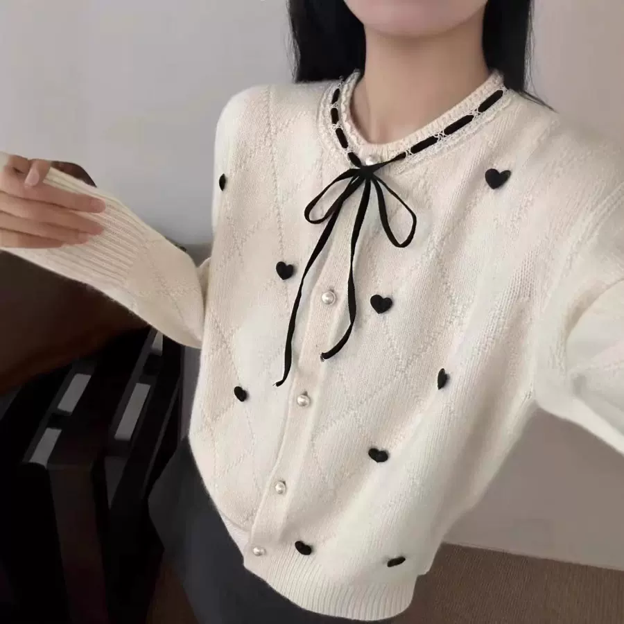 小香风针织开衫女甜美爱心春秋针织衫上衣2025新款蝴蝶结系带毛衣